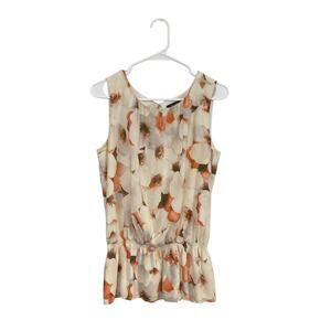 St. John Floral Peplum Silk Sleeveless Blouse Size 10 Medium Keyhole Back